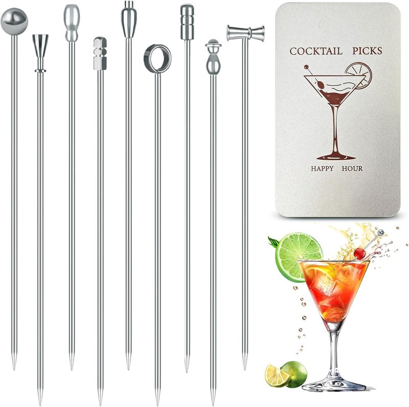 Krttwwx 9 Pcs Metal Martini Cocktail Picks, 4.1Inches Olive Skewers Stainless Steel, Martini Garnish Sticks Reusable, Metal Toothpicks for Drinks, Appetizers, Bar Accessories Supplies for Bartenders -Sliver - Image 1